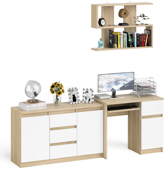 Мори компьютерный стол МС-1 правый + Комод МК1200.3 + Полка 900, дуб сонома/белый