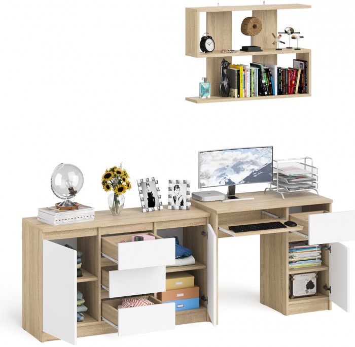 Мори компьютерный стол МС-1 правый + Комод МК1200.3 + Полка 900, дуб сонома/белый