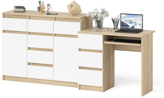 Мори компьютерный стол МС-6 левый + Комод МК1200.4, дуб сонома/белый