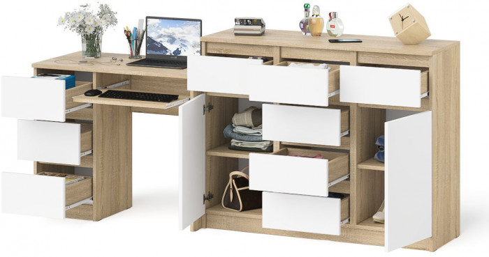 Мори компьютерный стол МС-6 левый + Комод МК1200.4, дуб сонома/белый