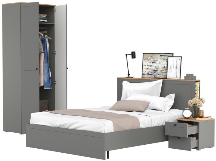 Остин 11.53 Кровать + ортопед + 13.224 Шкаф + 16.152 Тумба прикроватная, серый графит/дуб крафт золотой