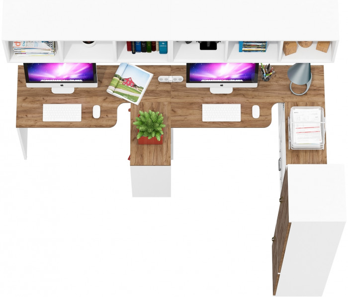 Лидер-8 Стол + Полка + Стол + Полка + Пенал МД 22Б + Тумба МД 3.15, цвет белый шагрень/крафт золото, 410х50х75/190 или 230х160/50х75/190, НЕ ун. сб.