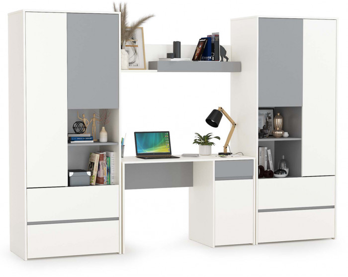 Торонто Компоновка № 05, цвет белый шагрень/стальной серый, ШхГхВ 280х53,1х195,7 см., универсальная сборка