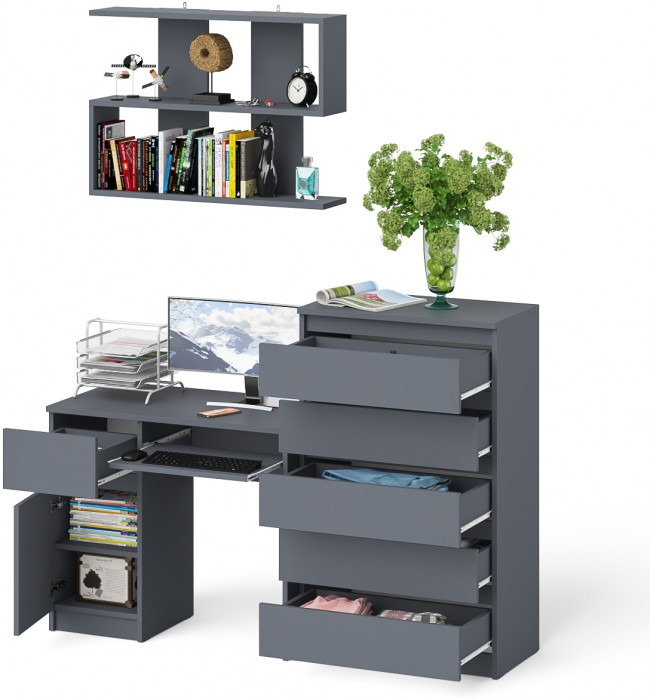 Мори Стол компьютерный МС-1 левый + Комод МК700.5 + Полка 900, цвет графит, ШхГхВ 160,4х50х209,6 см., НЕ универсальная сборка
