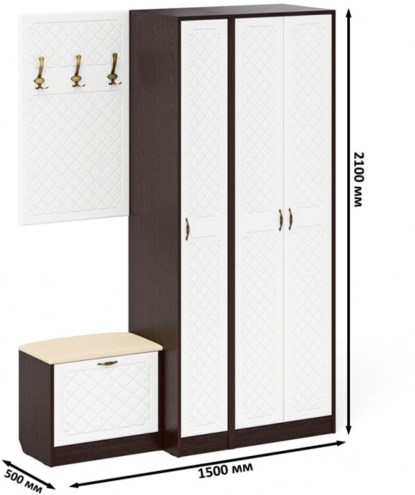 Прихожая П-6 Компоновка № 47, венге/фасады МДФ белое дерево фрезеровка ромб