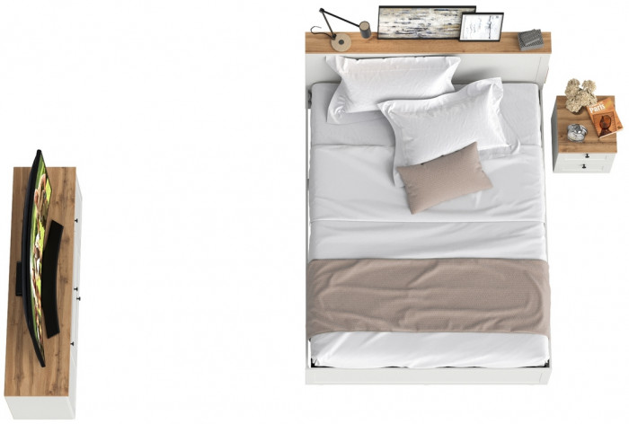 Остин 11.53 Кровать + ортопед + 16.47 Тумба под ТВ + 16.152 Тумба прикроватная, белый шагрень/дуб крафт золотой