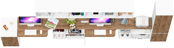 Лидер-8 Стол + Полка + Стол + Полка + Пенал МД 22Б + Тумба МД 3.16, цвет белый шагрень/крафт золото, 410х50х75/190 или 270х120/50х75/190, НЕ ун. сб.