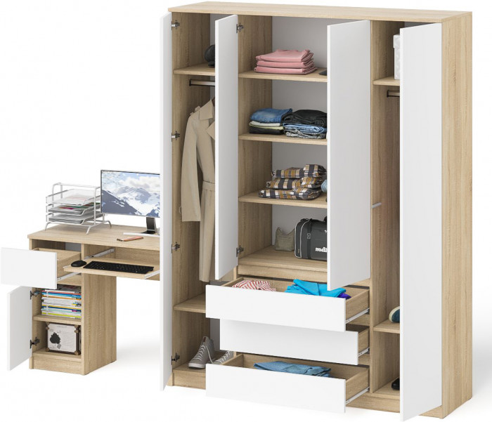 Мори Стол компьютерный МС-1 левый + Шкаф МШ1600.1, цвет дуб сонома/белый, ШхГхВ 250,4х50,4х209,6 см., выдвижной ящик слева, НЕ универсальная сборка
