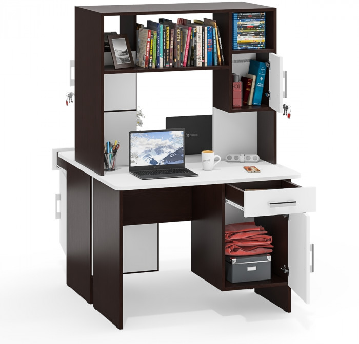 Два стола письменных с надстройкой С-МД-1-09Н, цвет венге/белый шагрень, ШхГхВ 210х57х162 см., НЕ универсальная сборка