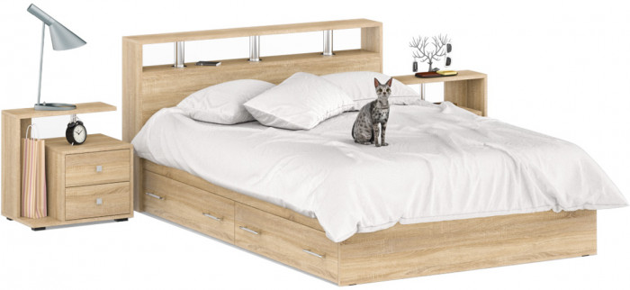 Камелия Кровать с ящиками 1400 + две тумбы, цвет дуб сонома, ШхГхВ 256х217х78,2 см., сп.м. 1400х2000 мм., без матраса, основание есть