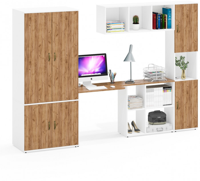 Лидер-8 Шкаф МД 19Б + Стол + Полка + Пенал, белый шагрень/крафт золото