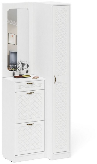 Прихожая П-6 Компоновка № 43, цвет белая шагрень/фасады МДФ белое дерево фрезеровка ромб, ШхГхВ 80х50х210 см., универсальная сборка