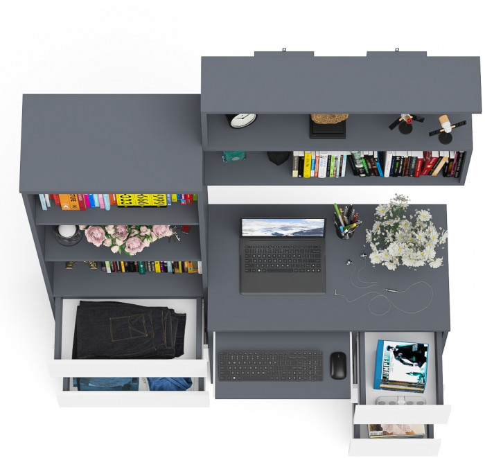 Мори Стол компьютерный МС-6 правый + Стеллаж МСТ600.3 + Полка 900, цвет графит/белый, ШхГхВ 150,4х50х209,6 см., НЕ универсальная сборка