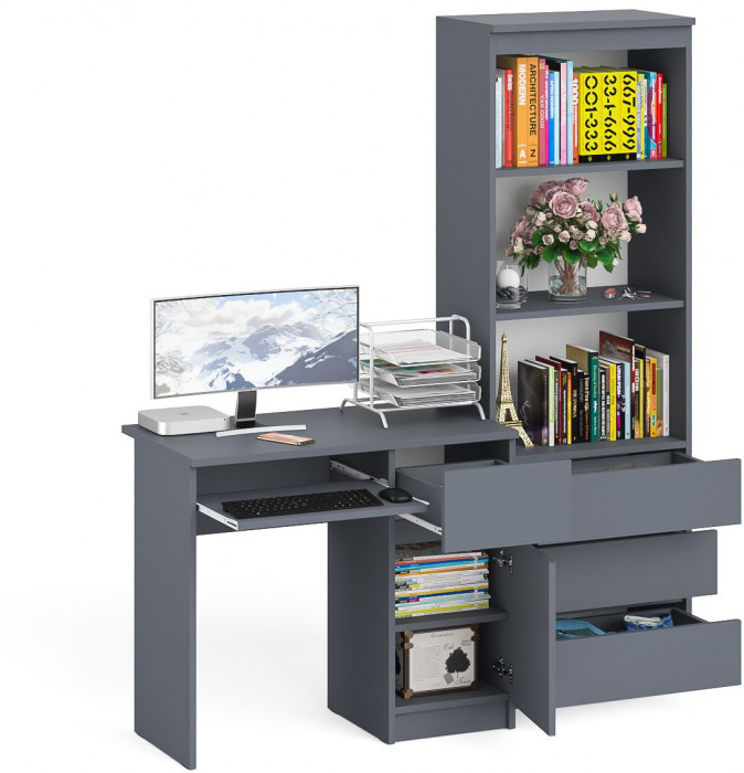 Мори компьютерный стол МС-1 правый + Стеллаж МСТ600.3, графит