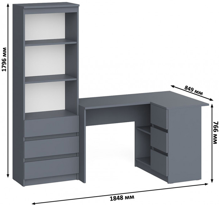 Мори компьютерный стол МС-16 правый + Стеллаж МСТ600.3, графит