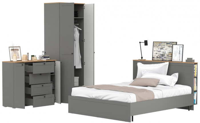 Остин 11.53 Кровать + ортопед + 13.224 Шкаф + 16.221 Комод, серый графит/дуб крафт золотой