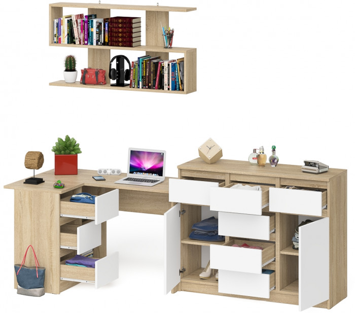 Мори компьютерный стол МС-16 левый + Комод МК1200.4 + Полка 1200, дуб сонома/белый