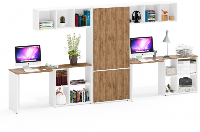 Лидер-8 Стол + Полка + Стол + Полка + Шкаф МД 20Б, белый шагрень/крафт золото