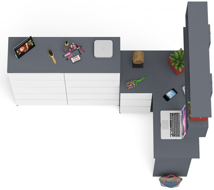 Мори компьютерный стол МС-16 левый + Комод МК1200.10 + Полка 1200, графит/белый