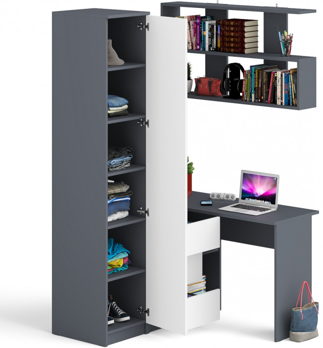 Мори компьютерный стол МС-16 левый + Пенал МШ400.1 + Полка 1200, графит/белый