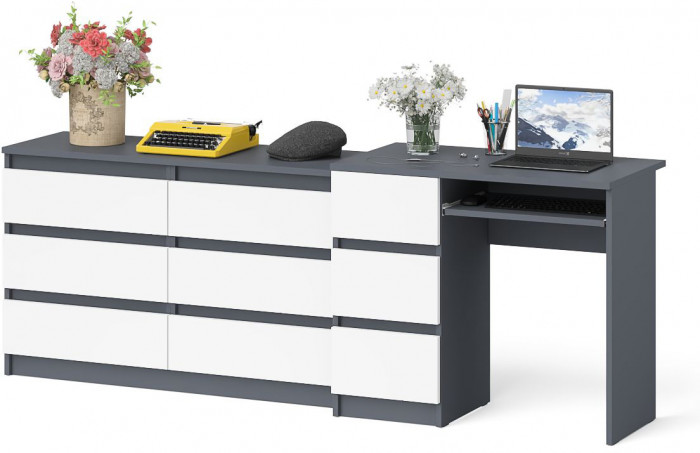 Мори компьютерный стол МС-6 левый + Комод МК1200.6, графит/белый