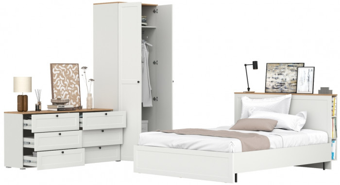 Остин 11.53 Кровать + ортопед + 13.224 Шкаф + 16.240 Комод, белый шагрень/дуб крафт золотой