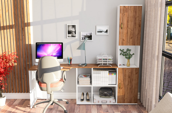 Лидер-8 Стол + Пенал, белый шагрень/крафт золото