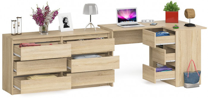 Мори компьютерный стол МС-16 правый + Комод МК1380.6, дуб сонома