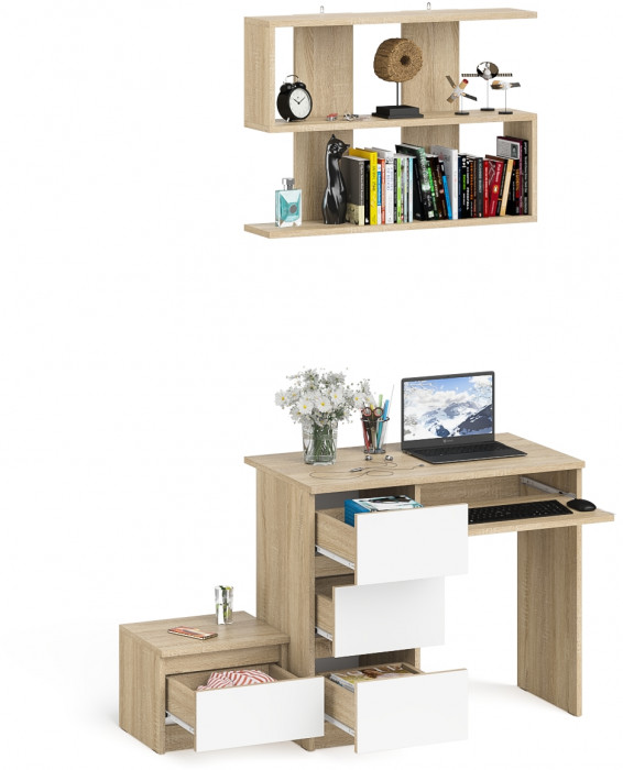 Мори Стол компьютерный МС-6 левый + Тумба ТМП400.1 + Полка 900, цвет дуб сонома/белый, ШхГхВ 130,4х50х209,6 см., НЕ универсальная сборка