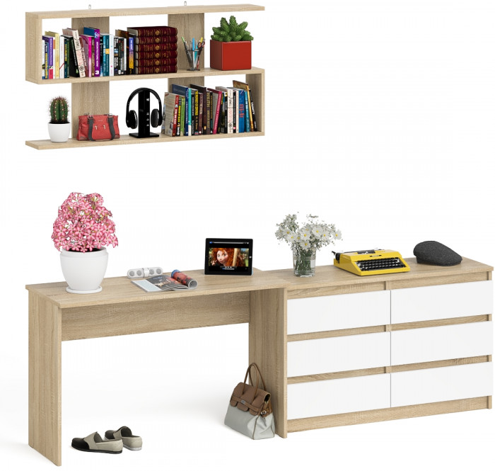 Мори Стол письменный МСП1200.1 + Комод МК1200.6 + Полка 1200, цвет дуб сонома/белый, ШхГхВ 240,8х50х209,6 см., универсальная сборка
