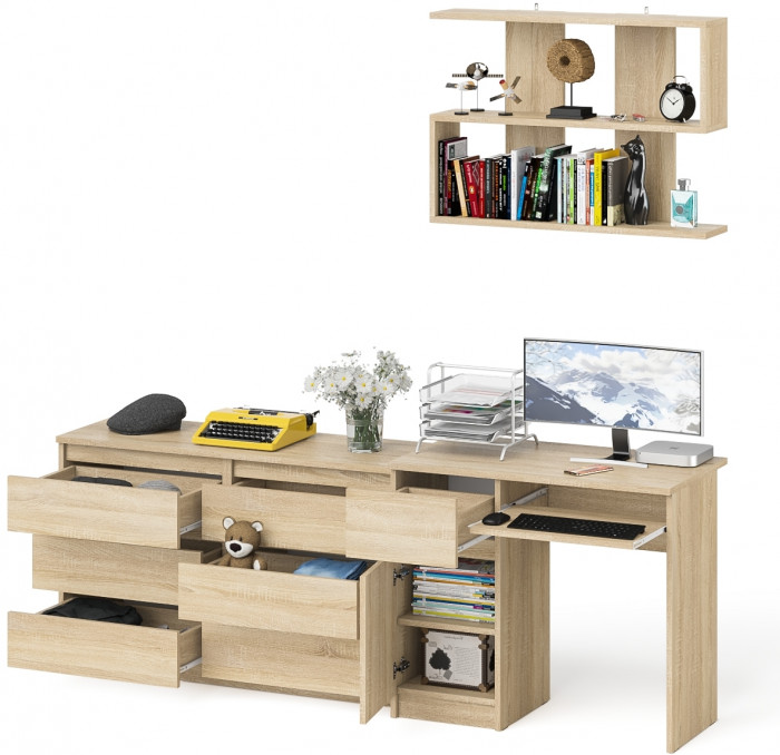 Мори компьютерный стол МС-1 левый + Комод МК1200.6 + Полка 900, дуб сонома