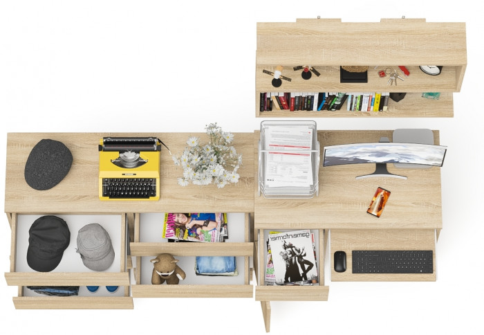 Мори компьютерный стол МС-1 левый + Комод МК1200.6 + Полка 900, дуб сонома