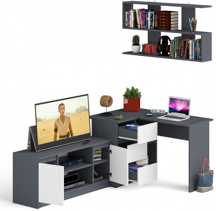 Мори компьютерный стол МС-16 левый + Тумба МТВ1200.1 + Полка 1200, графит/белый