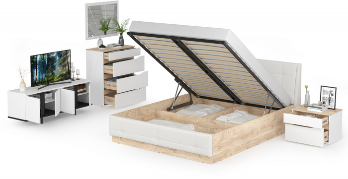 Муссон Кровать 11.28 + под. ортопед + 16.03 + 13.97 + Зеркало СВК + Тумба ТВ 13.276, белый/чёрный/дуб эндгрейн элегантный/кожзам белый, 1600х2000, б/м