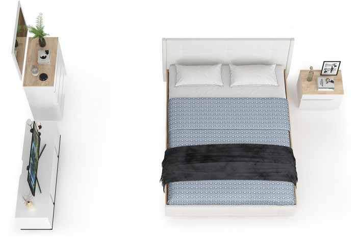 Муссон Кровать 11.28 + под. ортопед + 16.03 + 13.97 + Зеркало СВК + Тумба ТВ 13.276, белый/чёрный/дуб эндгрейн элегантный/кожзам белый, 1600х2000, б/м