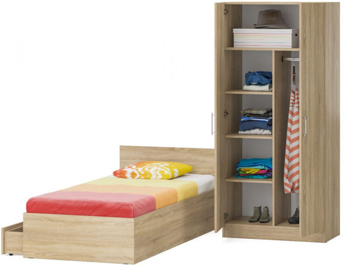 Кровать с ящиками 0900 + Шкаф 2-х створчатый Стандарт, дуб сонома