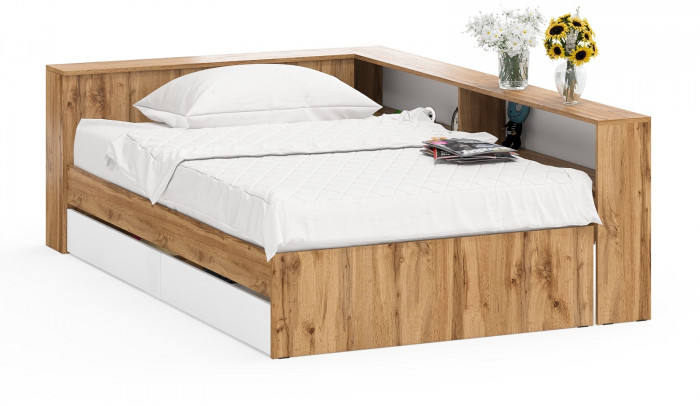 Ксения Кровать с ящиками 1200 + прикроватный блок, дуб вотан/белый