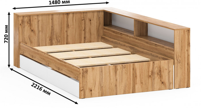 Ксения Кровать с ящиками 1200 + прикроватный блок, дуб вотан/белый