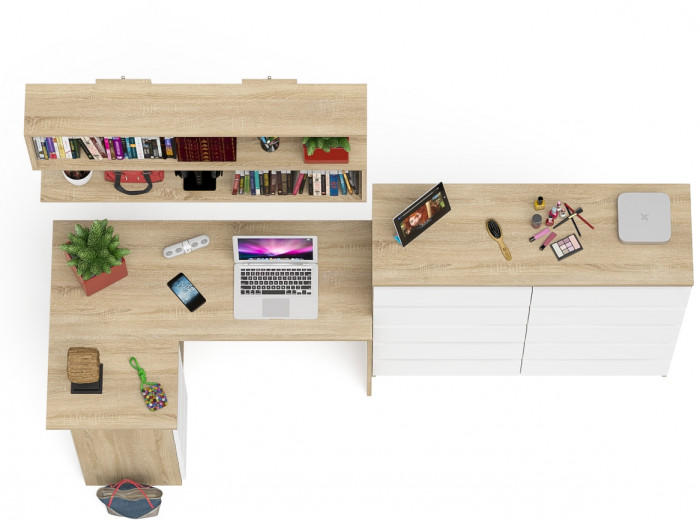 Мори компьютерный стол МС-16 левый + Комод МК1200.10 + Полка 1200, дуб сонома/белый