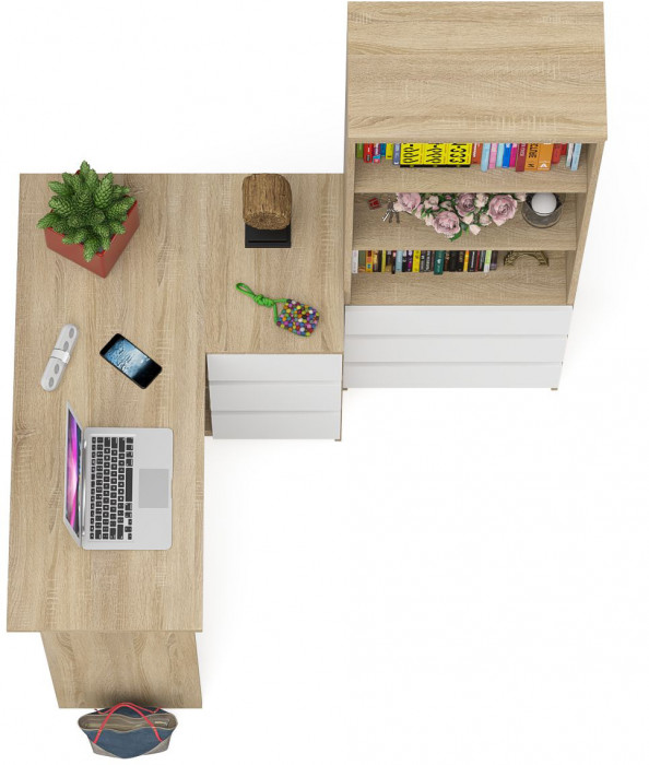 Мори компьютерный стол МС-16 правый + Стеллаж МСТ600.3, дуб сонома/белый