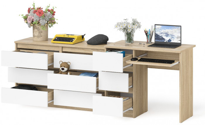 Мори компьютерный стол МС-6 левый + Комод МК1200.6, дуб сонома/белый