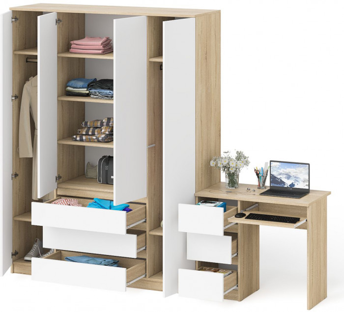 Мори компьютерный стол МС-6 левый + Шкаф МШ1600.1, дуб сонома/белый