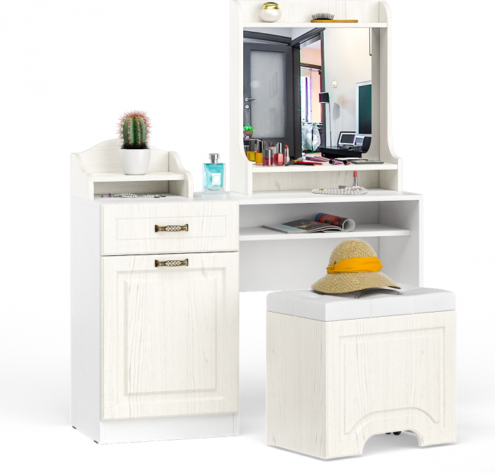 Ливерпуль Стол туалетный 12.46 + Полка 10.118 + Полка 10.117 + Пуф 14.02, ясень ваниль/белый