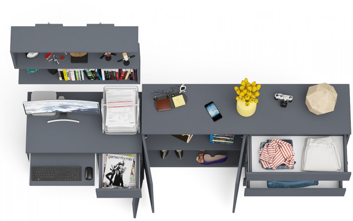 Мори Стол компьютерный МС-1 правый + Комод МК1600.1 + Полка 900, цвет графит, ШхГхВ 250,4х50х209,6 см., НЕ универсальная сборка