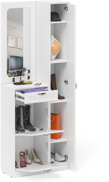 Прихожая П-6 Компоновка № 23, белая шагрень/фасады МДФ белое дерево фрезеровка ромб