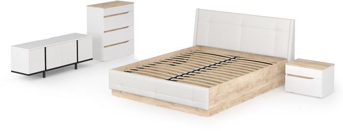 Муссон Кровать 11.28 + под. ортопед + Тумба 16.03 + Комод 13.97 + Тумба ТВ 13.276, белый/чёрный/дуб эндгрейн элегантный/кожзам белый, 1600х2000, б/м