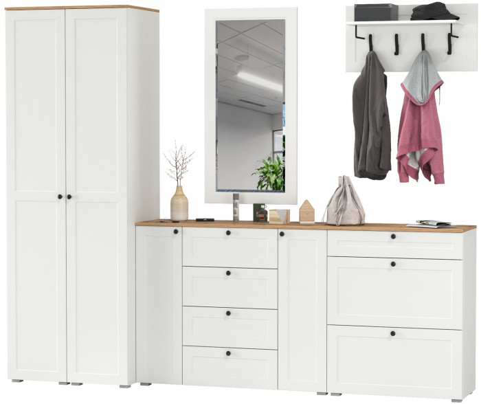 Остин Прихожая 58, цвет белый шагрень/дуб крафт золотой, ШхГхВ 280х54,3х229,6 см., универсальная сборка