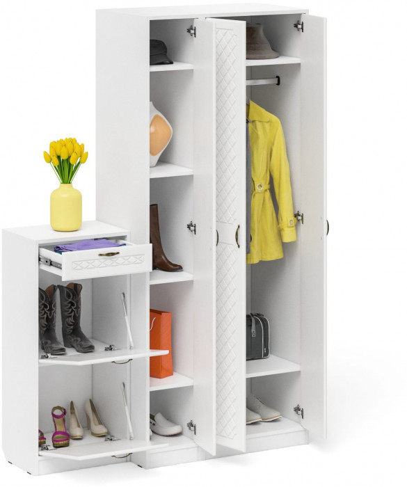 Прихожая П-6 Компоновка № 48, цвет белая шагрень/фасады МДФ белое дерево фрезеровка ромб, ШхГхВ 140х50х210 см., универсальная сборка