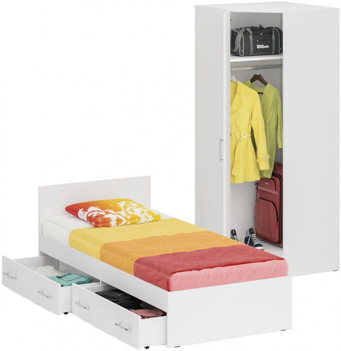 Кровать с ящиками 0900 + угловой шкаф Стандарт, белый