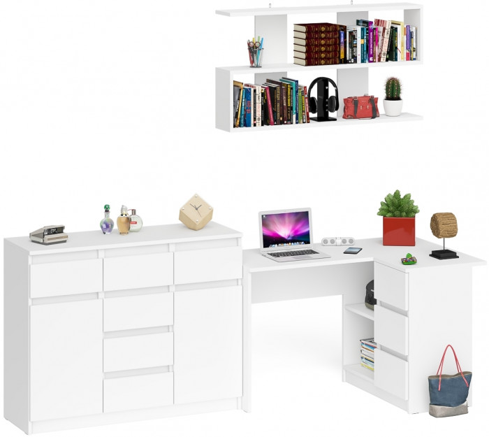 Мори компьютерный стол МС-16 правый + Комод МК1200.4 + Полка 1200, белый